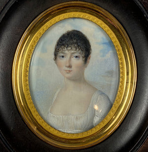 Antique French Empire Portrait Miniature, Beautiful Woman, "Naughty" Gown, Guillotine Haircut