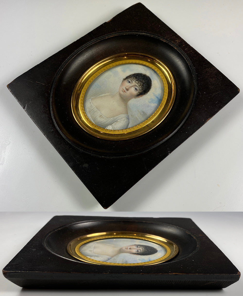 Antique French Empire Portrait Miniature, Beautiful Woman, "Naughty" Gown, Guillotine Haircut