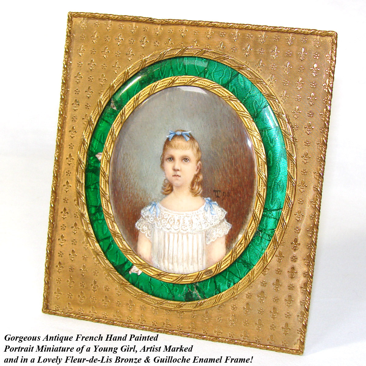 Superb Antique French Portrait Miniature of a Child, Gilt Bronze & Enamel Frame