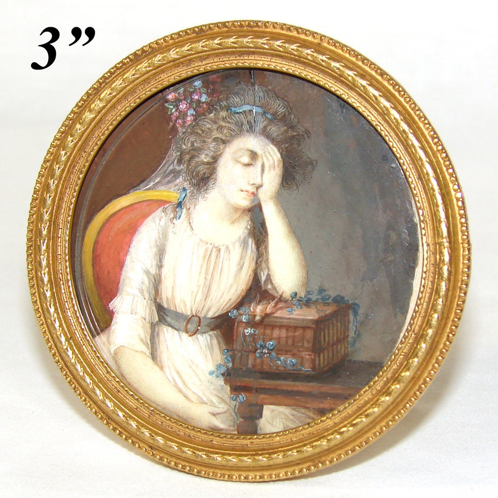 Antique French Portrait Miniature, "A Girl with a Dead Canary" after c.1765 Greuze Painting
