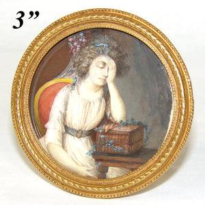 Antique French Portrait Miniature, "A Girl with a Dead Canary" after c.1765 Greuze Painting