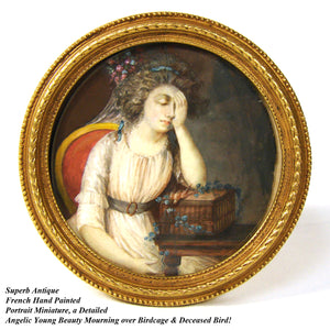 Antique French Portrait Miniature, "A Girl with a Dead Canary" after c.1765 Greuze Painting