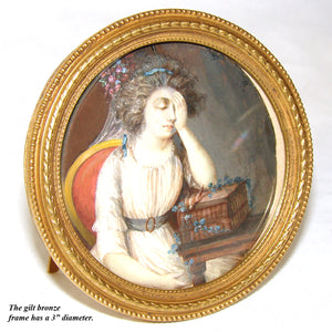 Antique French Portrait Miniature, "A Girl with a Dead Canary" after c.1765 Greuze Painting