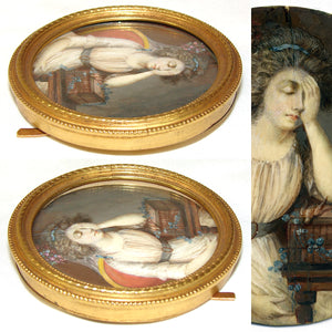 Antique French Portrait Miniature, "A Girl with a Dead Canary" after c.1765 Greuze Painting