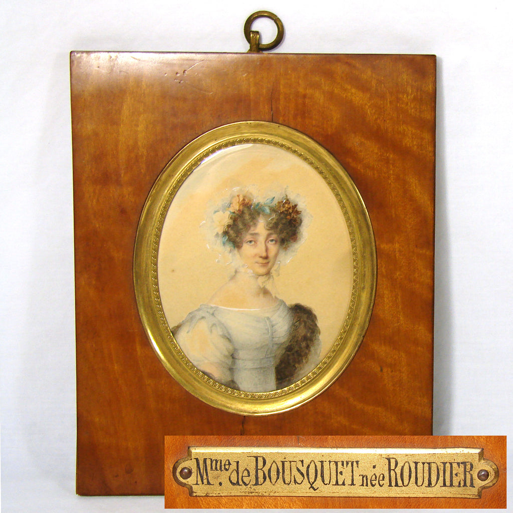 Antique French Portrait Miniature, Gouache on Card: "Mme de Bousquet nee Roudier"