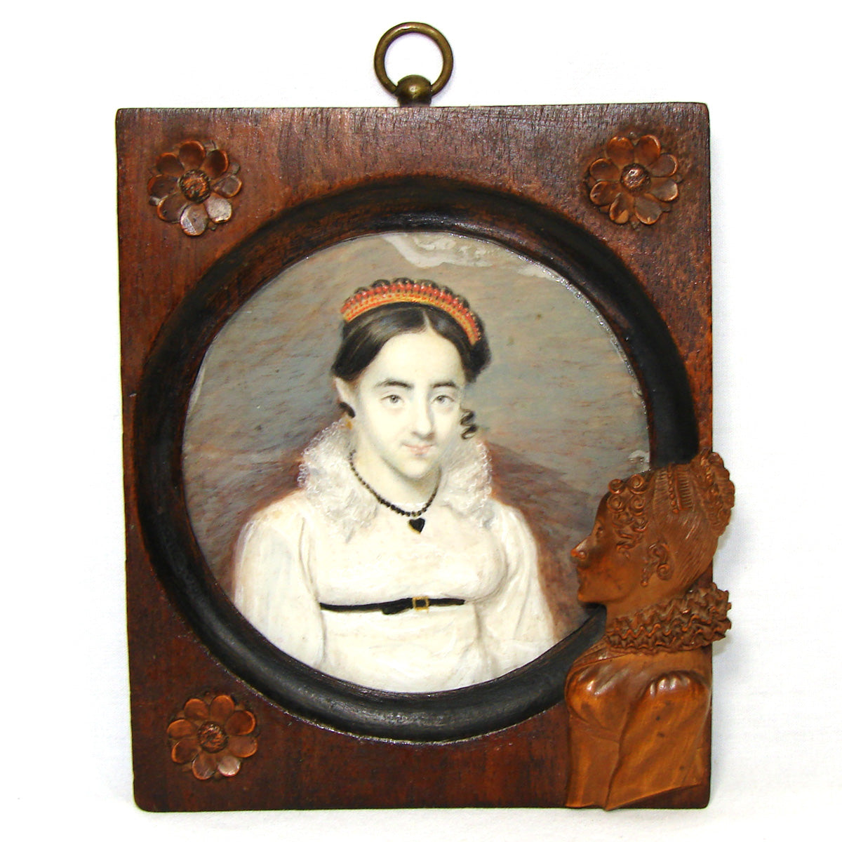 Lovely Antique French c.1810 Napoleonic Era Portrait Miniature, Red Coral Tiara, Carved Frame