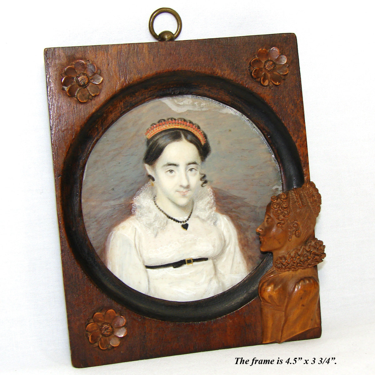 Lovely Antique French c.1810 Napoleonic Era Portrait Miniature, Red Coral Tiara, Carved Frame
