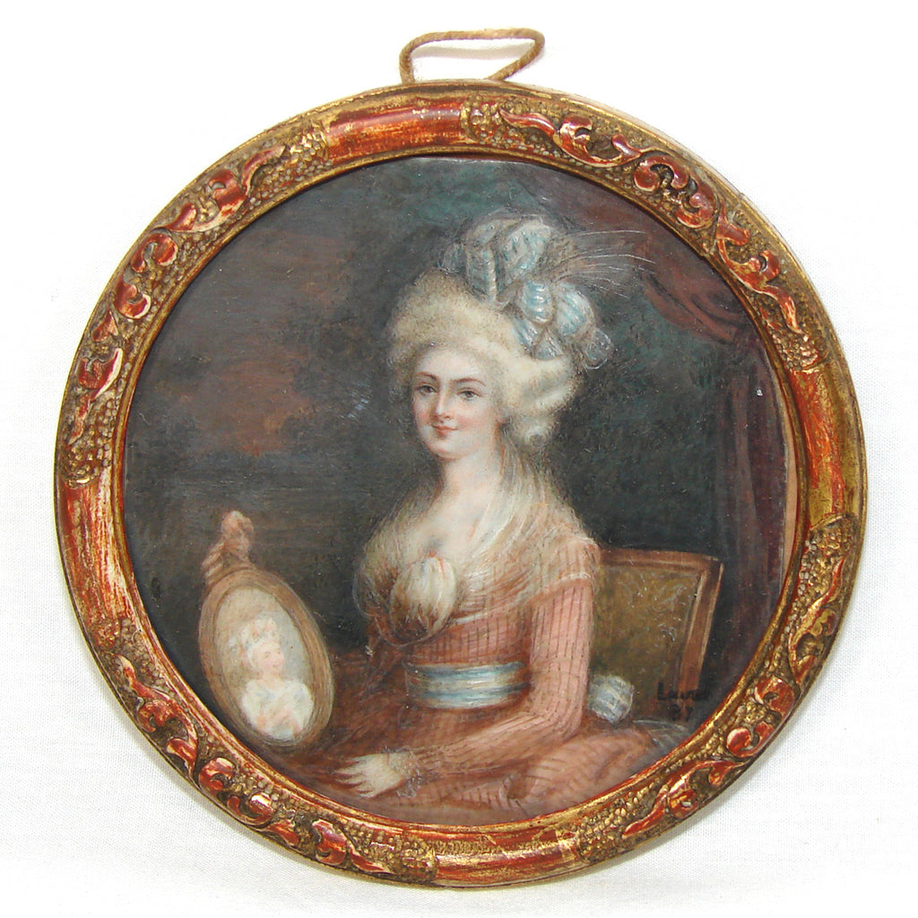 Antique French Portrait Miniature in Carved & Gilt Wood Frame, Woman Holding Portrait of a Child