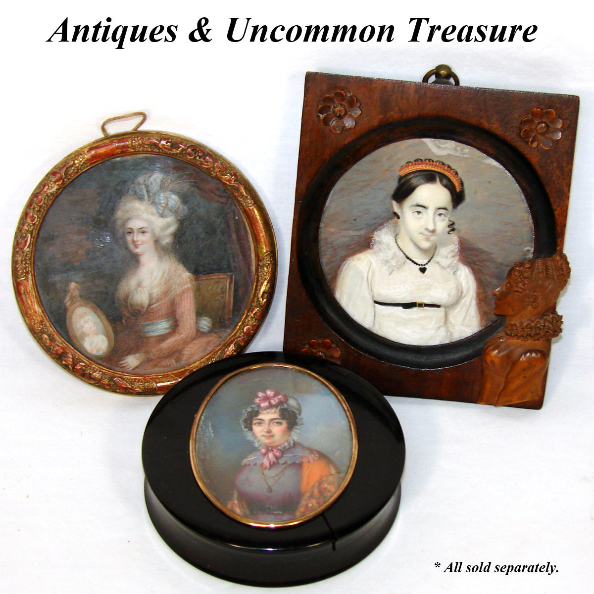 Antique French Portrait Miniature in Carved & Gilt Wood Frame, Woman Holding Portrait of a Child