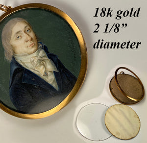 Antique French Portrait Miniature, Artist Signed and dated c.1797, 18k Gold Locket Frame