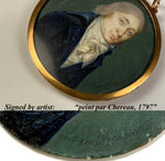 Antique French Portrait Miniature, Artist Signed and dated c.1797, 18k Gold Locket Frame