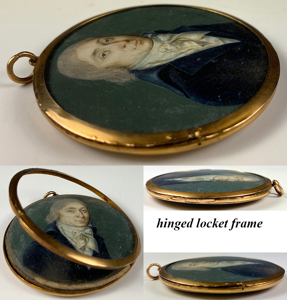 Antique French Portrait Miniature, Artist Signed and dated c.1797, 18k Gold Locket Frame