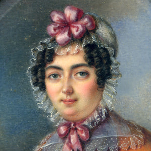 Lovely Antique French Snuff Box, Hand Painted Portrait Miniature Inset, Beauty in Lace Bonnet