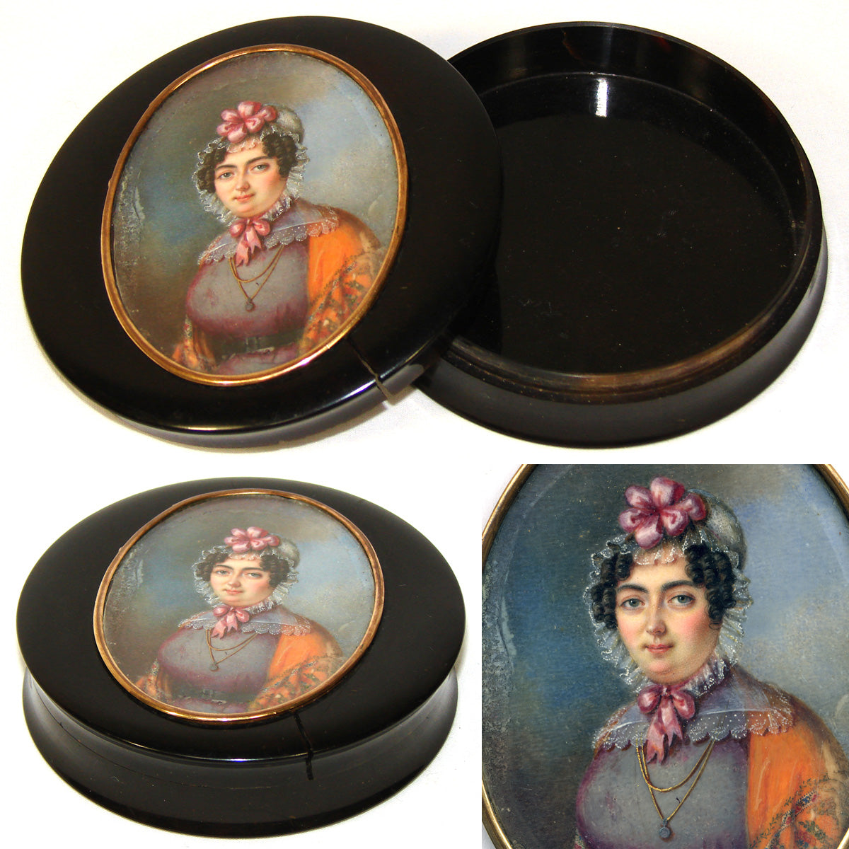 Lovely Antique French Snuff Box, Hand Painted Portrait Miniature Inset, Beauty in Lace Bonnet
