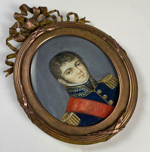 Antique French Portrait Miniature Napoleonic Soldier in Uniform, Epaulettes, c.1850-70