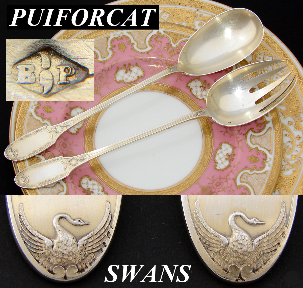 Antique French PUIFORCAT 18k Gold on Sterling Silver "Vermeil" 10.75" Salad Serving Pair, SWAN Figures