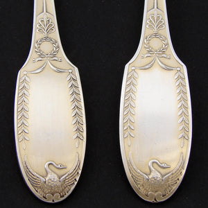 Antique French PUIFORCAT 18k Gold on Sterling Silver "Vermeil" 10.75" Salad Serving Pair, SWAN Figures