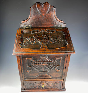 Fine Antique c.1790-1840 French Salt Cabinet, Box, Spice Drawer, Carved w Heart