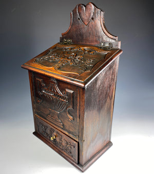 Fine Antique c.1790-1840 French Salt Cabinet, Box, Spice Drawer, Carved w Heart