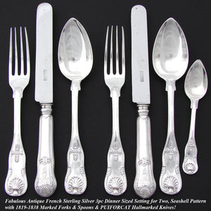 Antique French Sterling Silver 7pc Flatware Set, 3pc Place Setting for Two, Seashell Pattern