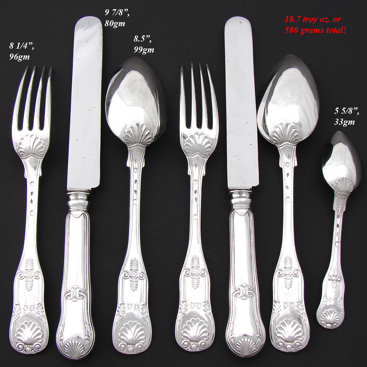 Antique French Sterling Silver 7pc Flatware Set, 3pc Place Setting for Two, Seashell Pattern