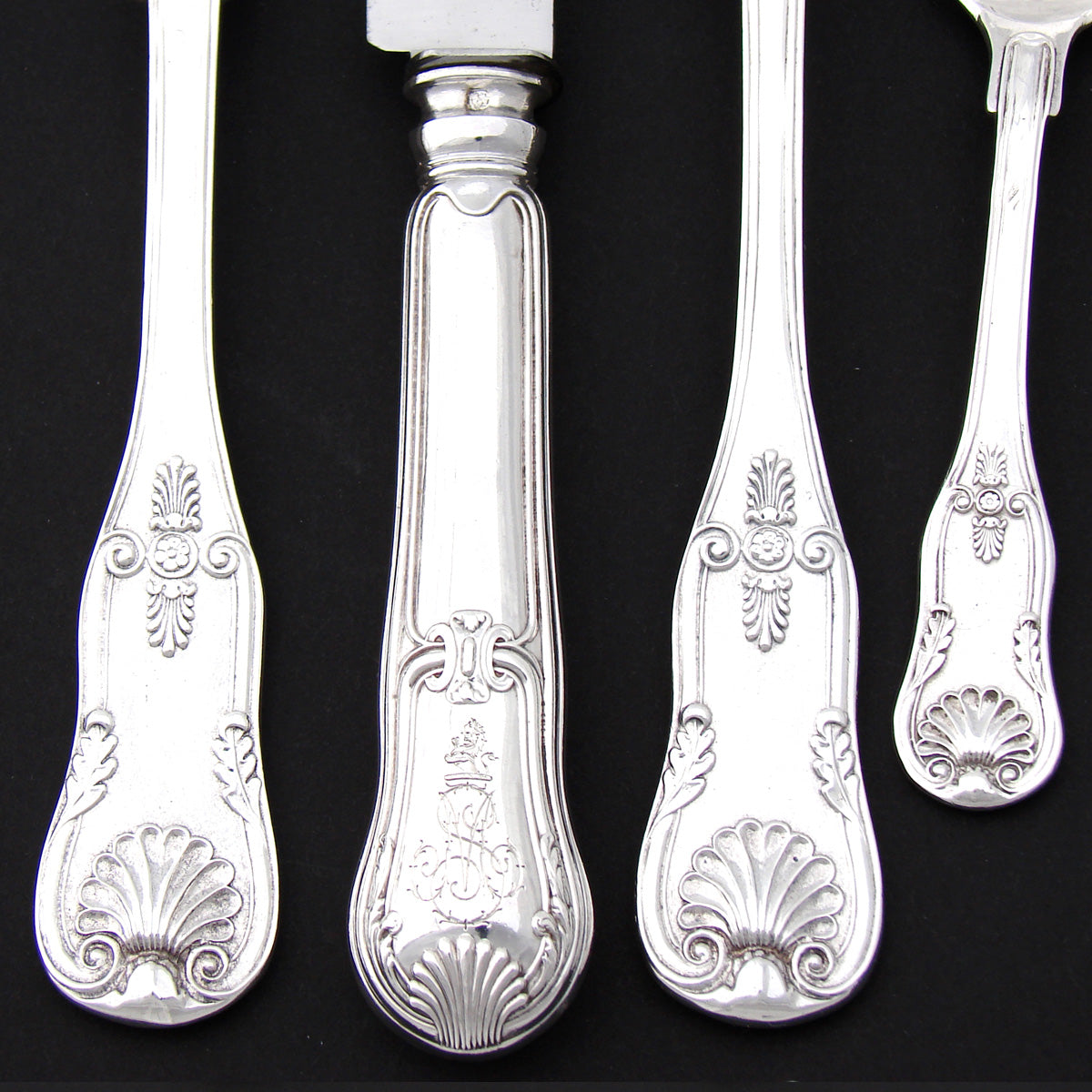 Antique French Sterling Silver 7pc Flatware Set, 3pc Place Setting for Two, Seashell Pattern