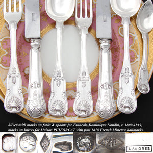 Antique French Sterling Silver 7pc Flatware Set, 3pc Place Setting for Two, Seashell Pattern