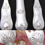 Antique French Sterling Silver 7pc Flatware Set, 3pc Place Setting for Two, Seashell Pattern