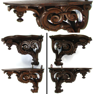 Superb PAIR: Antique Victorian Era 13" Carved Oak Wall or Bracket Shelf, Acanthus Accents