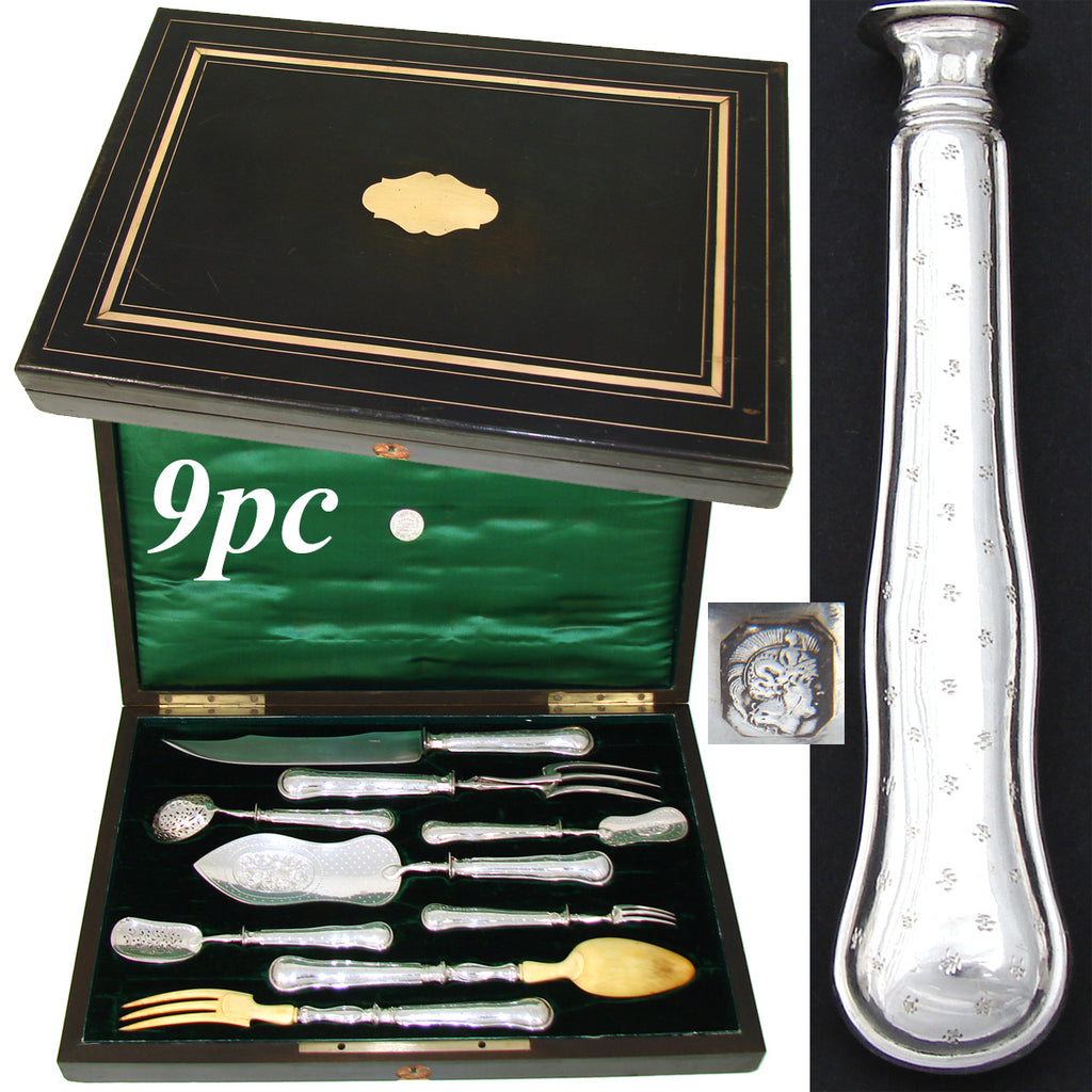 Antique French Sterling Silver 9pc Serving Implement Set: Meat, Salad & Fish, Hors d'Oeuvres, GREAT Box!