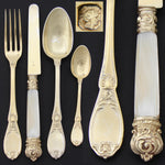 Antique French 18k Gold on Sterling Silver "Vermeil" 4pc Flatware Place Setting for One, Pearl Handled Knife