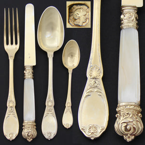 Antique French 18k Gold on Sterling Silver "Vermeil" 4pc Flatware Place Setting for One, Pearl Handled Knife