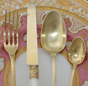 Antique French 18k Gold on Sterling Silver "Vermeil" 4pc Flatware Place Setting for One, Pearl Handled Knife