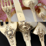 Antique French 18k Gold on Sterling Silver "Vermeil" 4pc Flatware Place Setting for One, Pearl Handled Knife