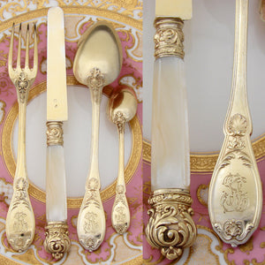 Antique French 18k Gold on Sterling Silver "Vermeil" 4pc Flatware Place Setting for One, Pearl Handled Knife