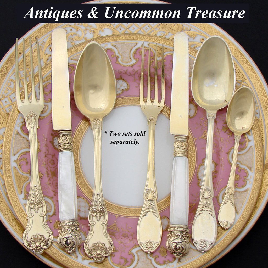 Antique French 18k Gold on Sterling Silver "Vermeil" 3pc Flatware Place Setting for One, Pearl Handled Knife