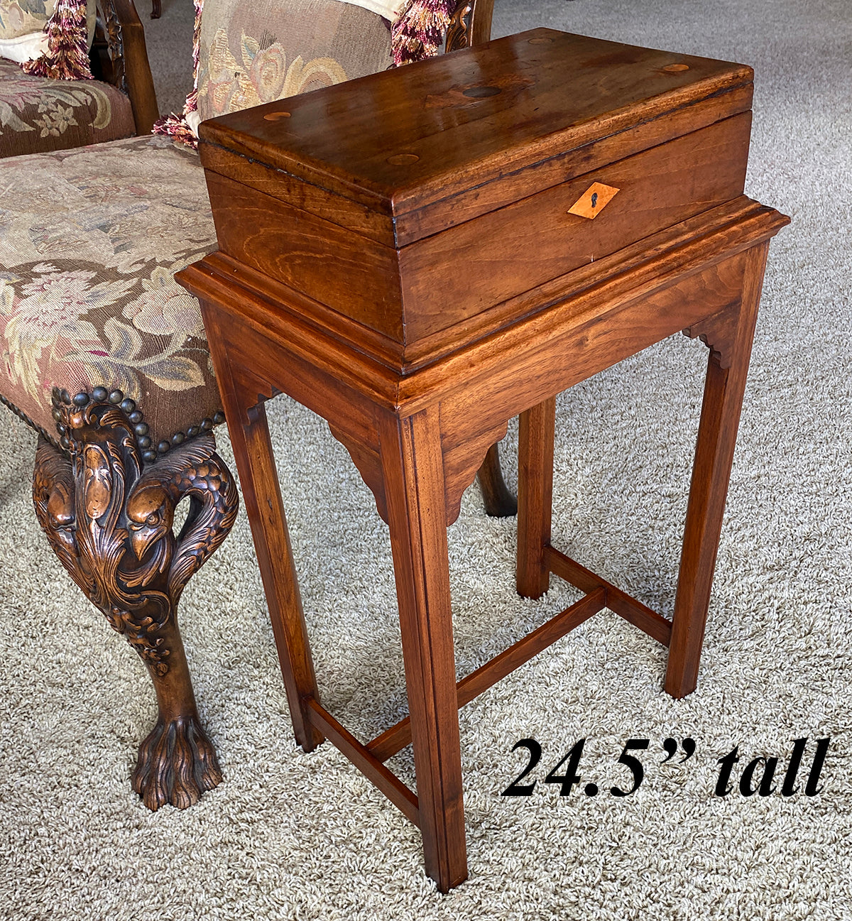 Antique English Work Box, Sewing Box Mounted on Table as a Side Table, 24.5" Tall