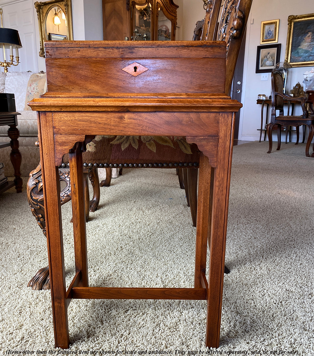 Antique English Work Box, Sewing Box Mounted on Table as a Side Table, 24.5" Tall