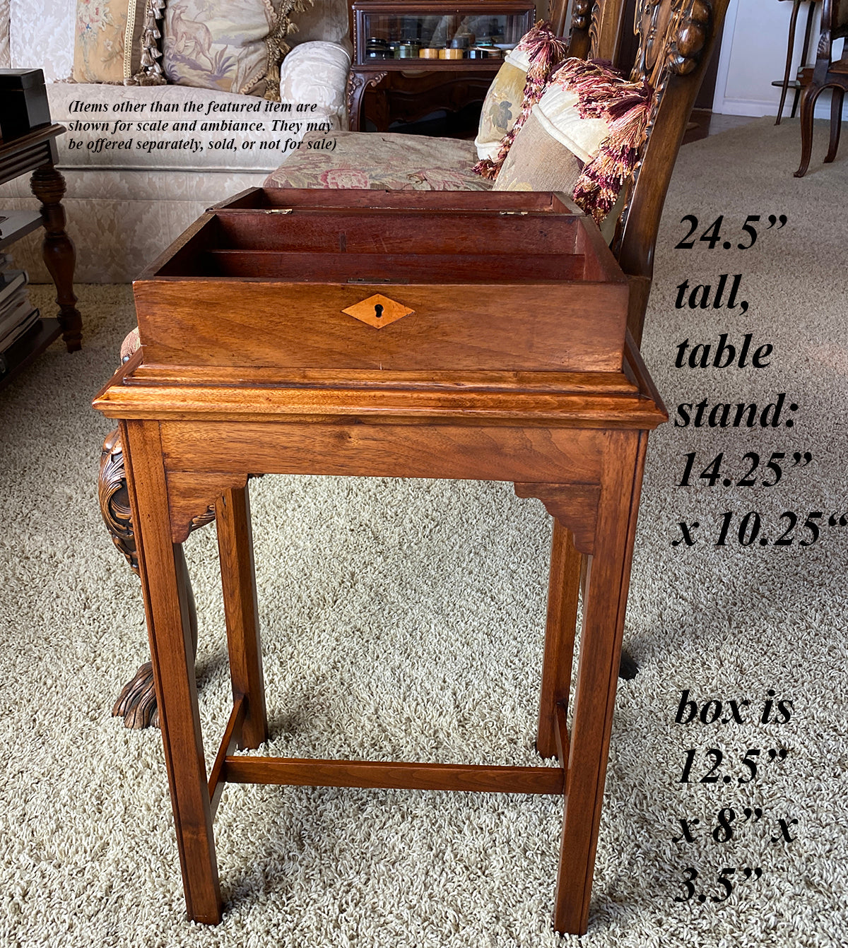 Antique English Work Box, Sewing Box Mounted on Table as a Side Table, 24.5" Tall