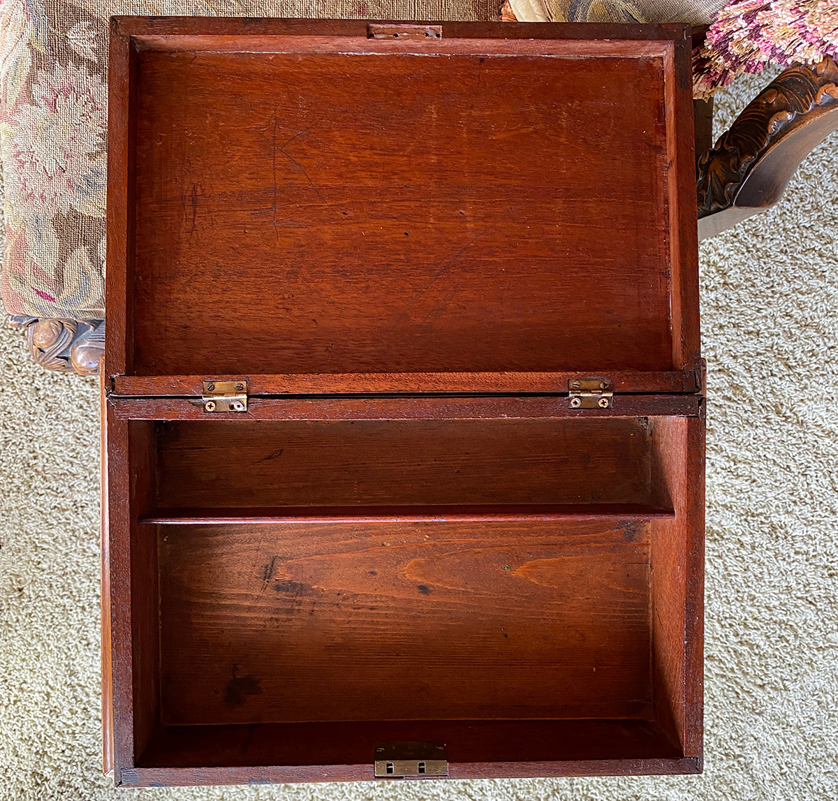 Antique English Work Box, Sewing Box Mounted on Table as a Side Table, 24.5" Tall