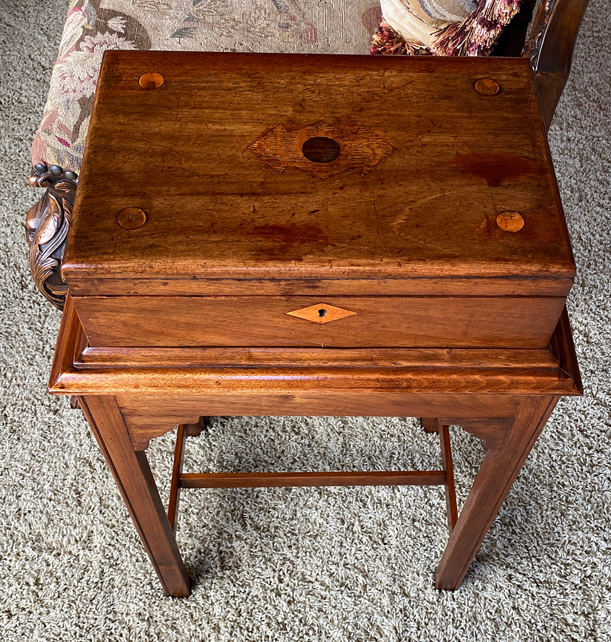 Antique English Work Box, Sewing Box Mounted on Table as a Side Table, 24.5" Tall