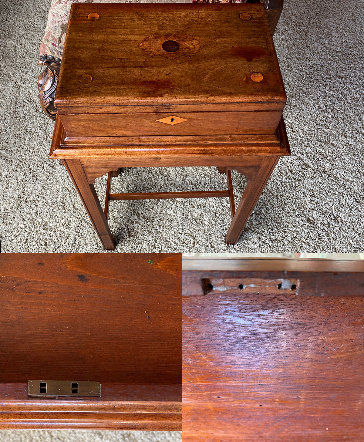 Antique English Work Box, Sewing Box Mounted on Table as a Side Table, 24.5" Tall