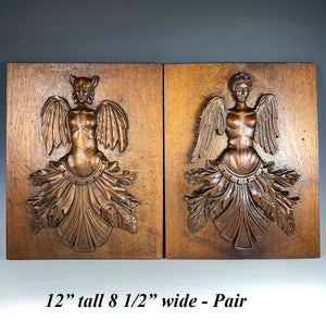 Antique 19th Century Hand Carved Neoclassical Figure Plaques, PAIR (2), Chimera