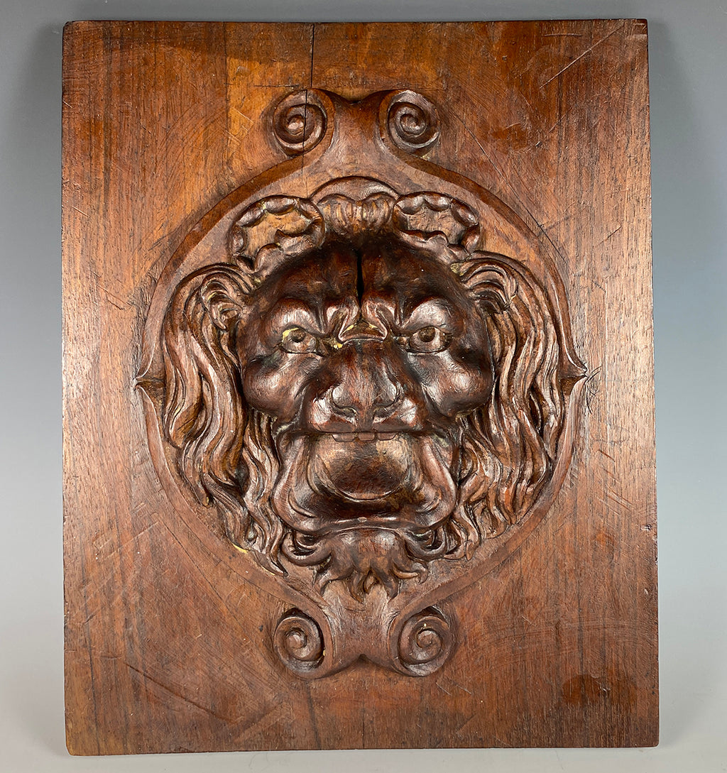 Antique Hand Carved Wood Wall Plaque, Cabinet Fragment, Lion Head Grotesque, Neoclassical
