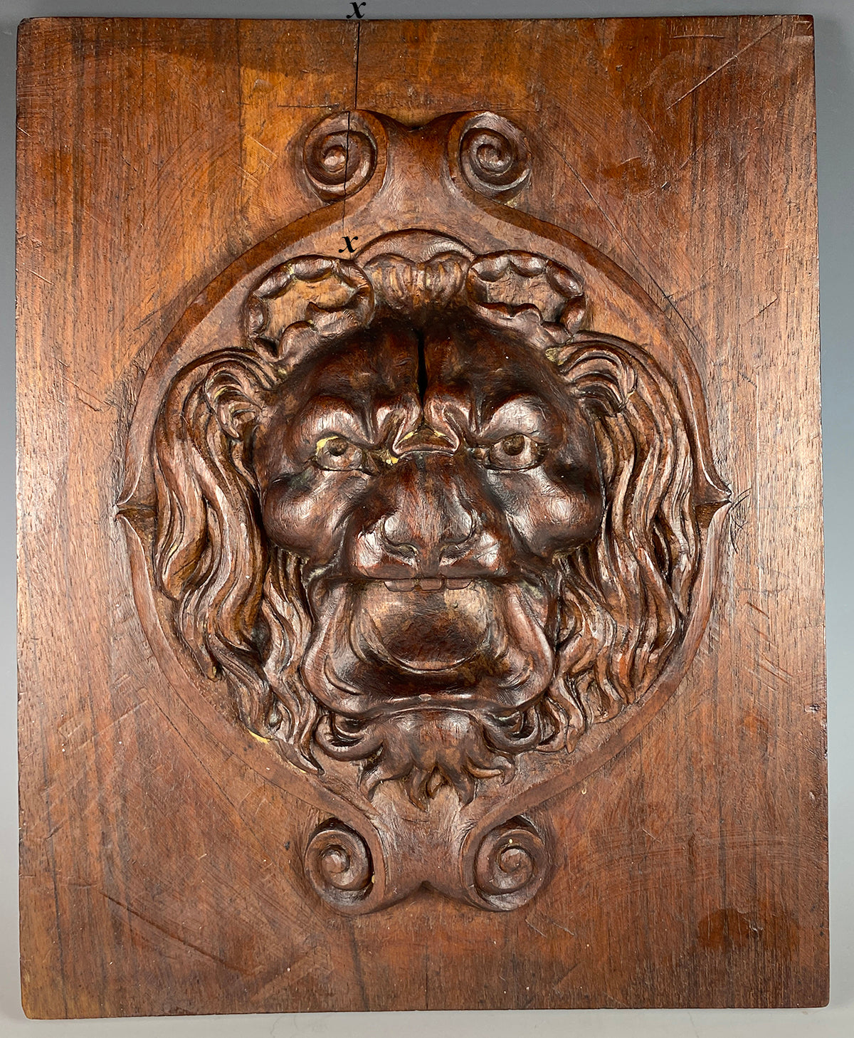 Antique Hand Carved Wood Wall Plaque, Cabinet Fragment, Lion Head Grotesque, Neoclassical