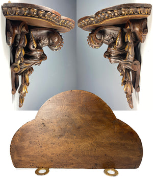 Antique Hand Carved Neoclassical Figural Bracket Shelf, 11.75" x 9.75", Black Forest or Italy