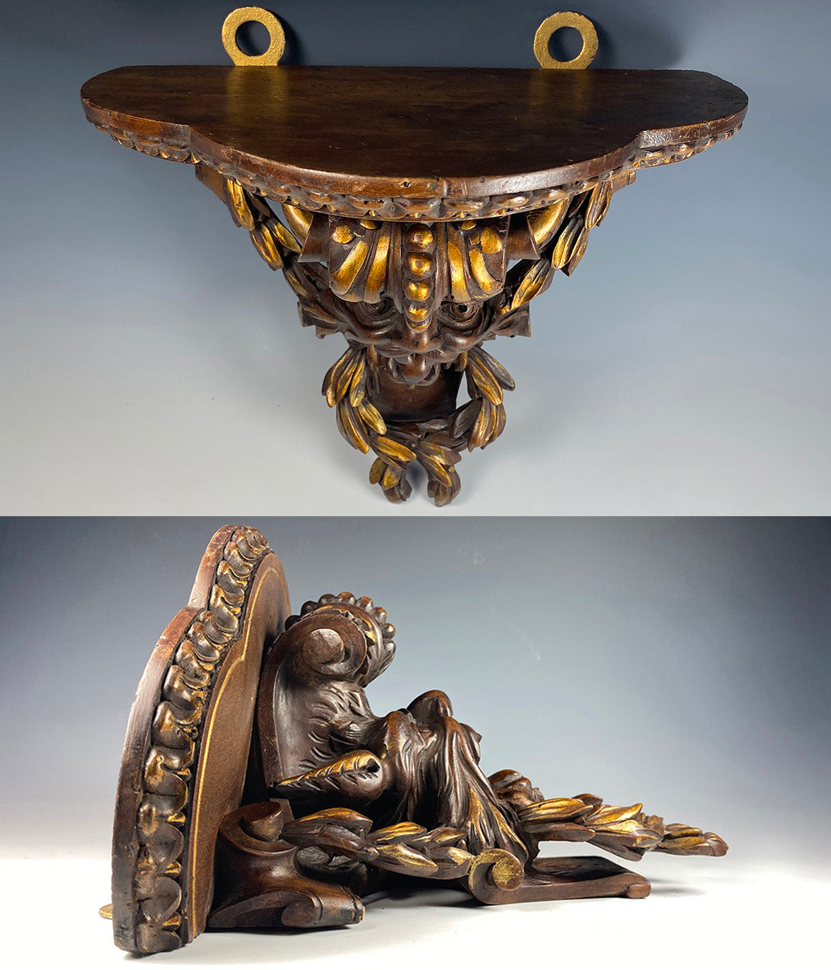 Antique Hand Carved Neoclassical Figural Bracket Shelf, 11.75" x 9.75", Black Forest or Italy