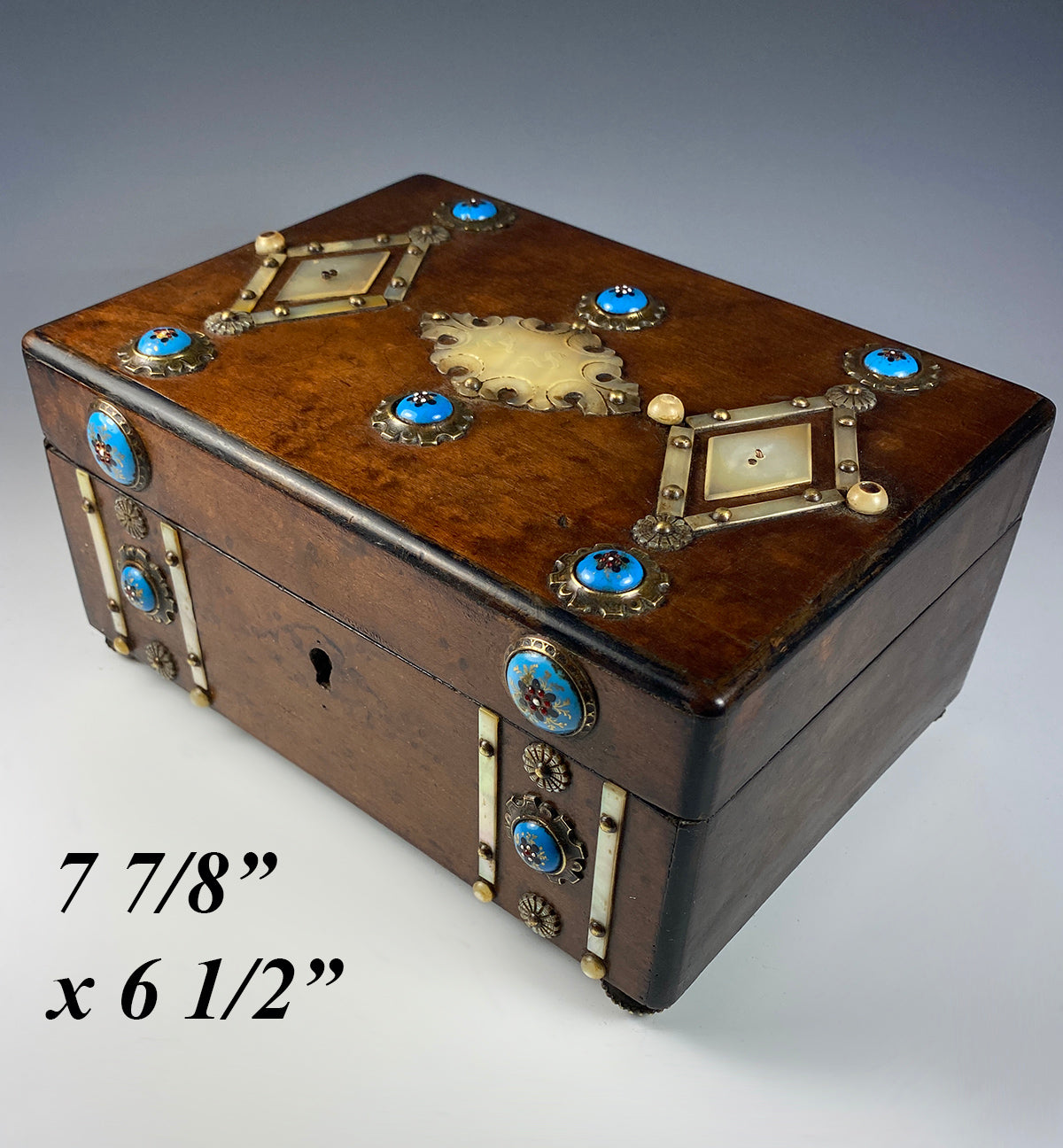 Antique French Jewelry or Sewing Box, Mother of Pearl and Bressan Kiln-fired Enamel Decoration, c.1830s