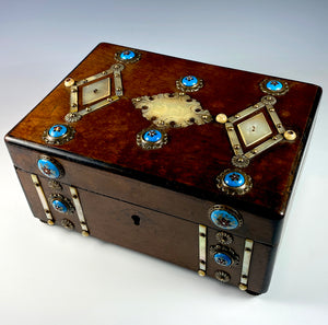 Antique French Jewelry or Sewing Box, Mother of Pearl and Bressan Kiln-fired Enamel Decoration, c.1830s