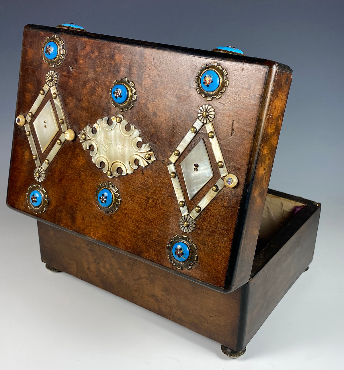 Antique French Jewelry or Sewing Box, Mother of Pearl and Bressan Kiln-fired Enamel Decoration, c.1830s